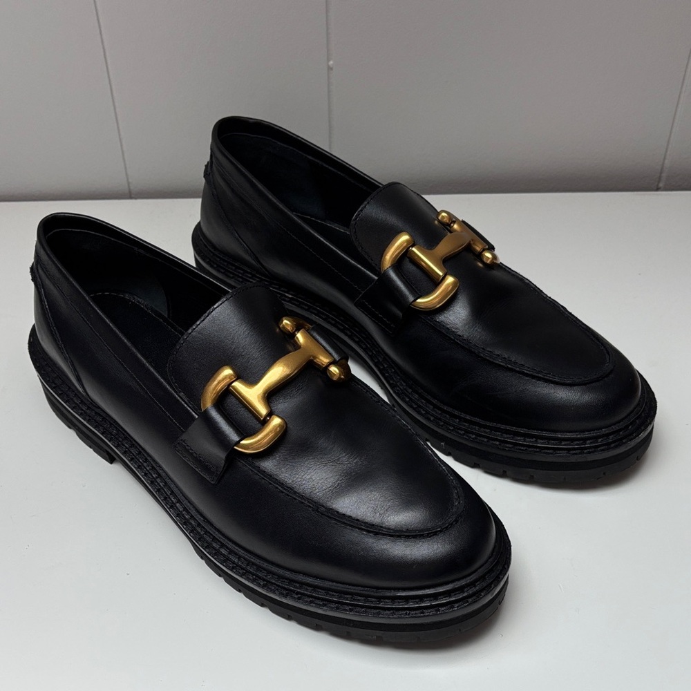 Boden Black Leather Loafers with Gold Accent